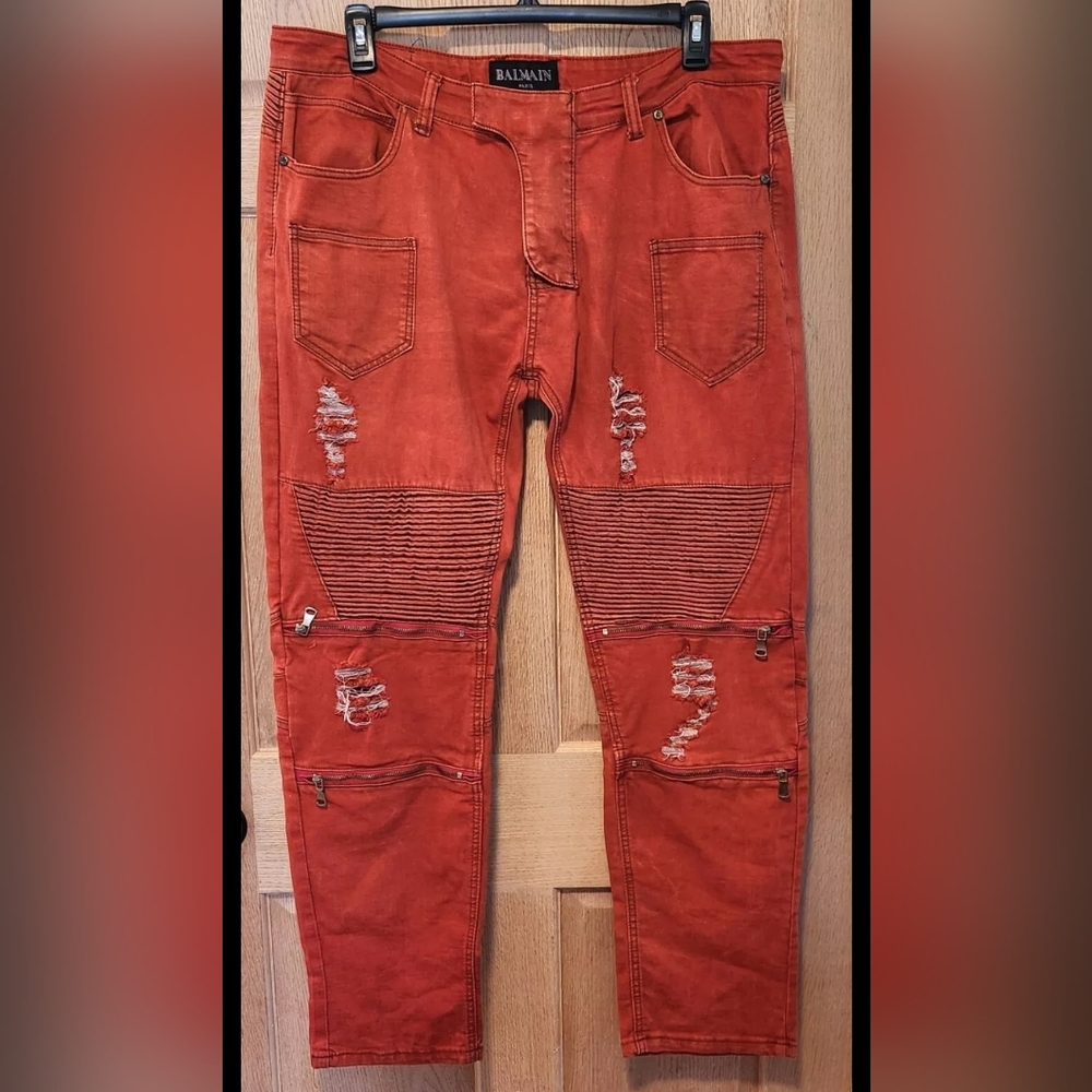 BALMAIN Designer BalmainParis double zippertapered distressedjeans 38 x 33